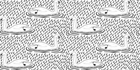 Romantic white swans hand drawn in doodle style. Seamless vector pattern swan. Print swan black and white pattern.