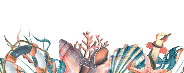 Marine animals with an anchor, a lifebuoy and a steering wheel. Watercolor illustration. Horizontal board, frame from the SYMPHONY OF THE SEA collection. For decoration and design © NATASHA-CHU