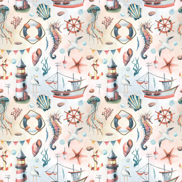 Seamless pattern with marine underwater inhabitants, a lighthouse and a boat. Watercolor illustration on a white background with washes from the SYMPHONY OF THE SEA collection