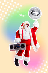 Vertical collage portrait of excited positive aged santa hold boombox finger spin disco ball...