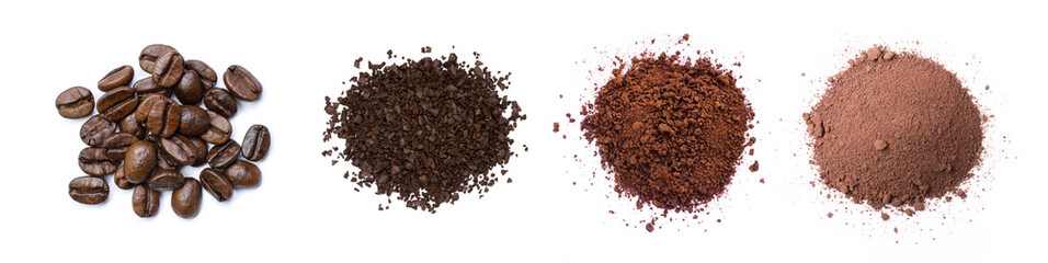 Pile of coffee grind (ground coffee) with coffee beans isolated on white background. Top view. Flat...