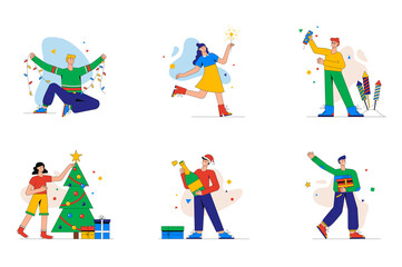 Fototapeta na wymiar Christmas celebration set of mini concept or icons. People decorate tree with toys, light sparklers and fireworks, drink and give gift, modern person scene. Illustration in flat design for web