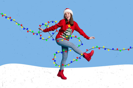 Creative photo 3d collage artwork poster postcard of happy young girl rejoice enjoy like work corporate isolated on painting background