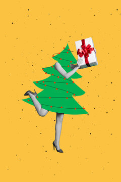 Creative abstract template graphics image of funny funky x-mas tree lady legs arms rising gifts isolated drawing background