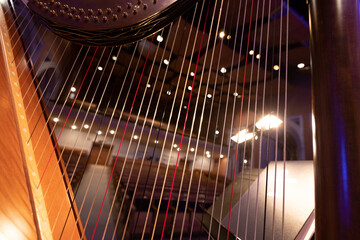 A close up of the strings of a harp that are backlight by a light attached to a music stand. All...