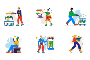 Fototapeta na wymiar Shopping time set of mini concept or icons. People choose shoes and goods in store or supermarket, making purchases online, buy at sale, modern person scene. Illustration in flat design for web