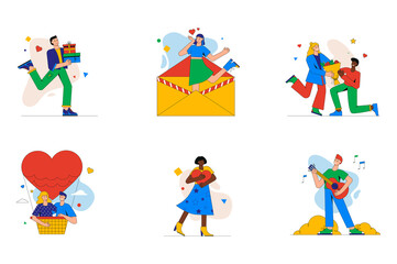 Fototapeta premium Valentines day set of mini concept or icons. People celebrate romantic holiday, give gifts, flowers and love letters, sing serenades, modern person scene. Illustration in flat design for web
