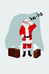 Collage 3d image of pinup pop retro sketch of funny smiling xmas grandfather saying ho-ho ready for trip isolated painting background