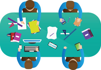 Business team working together, discussing ideas for project. People meeting at desk in office. illustration for teamwork.