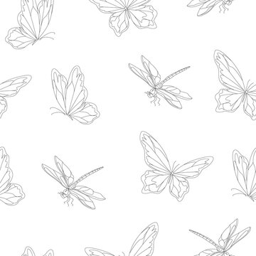 Dragonfly and butterfly seamless pattern. Dragonfly and butterfly background. Vector illustration.