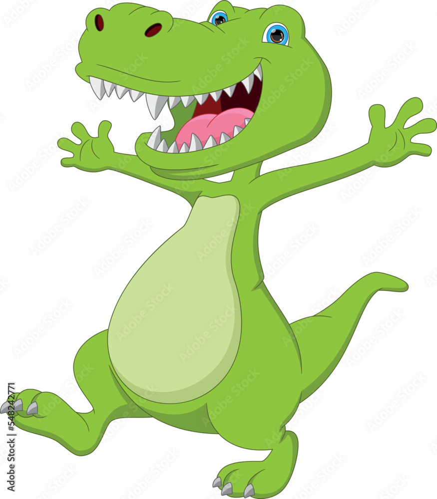 Poster cute happy baby dinosaur cartoon waving