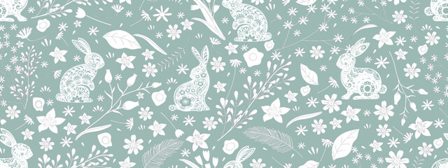 Seamless Rabbit Paper Cut with Doodle Flower,leave on Green Mint background,Vector Chinese New year Zodiac 2023 sign element,Fabric Pattern Easter Bunny with Floral fancy hare for Print Wrapping Paper