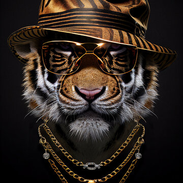 portrait of tiger with hat and glasses