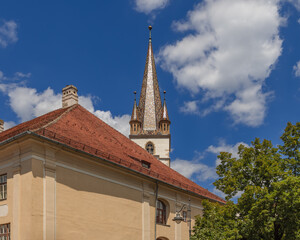 Building of Lutheran Cathedral of Saint Mary (Biserica Evanghelica) is dominated by the seven level...