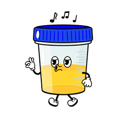 Cute funny container for analysis urine walking singing character. Vector hand drawn traditional cartoon vintage, retro, kawaii character icon. Container for analysis walk sing character