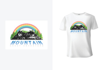 Mountain outdoor adventure t-shirt design with rainbows. Vector graphics for t-shirt and other uses