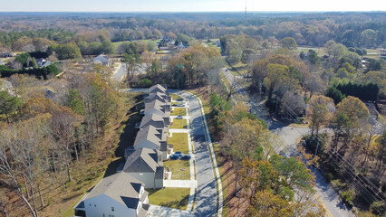 Aerial view local street through lush green residential neighborhood with row of brand new two story single family house in Flowery Branch, Georgia - obrazy, fototapety, plakaty