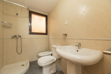 Fototapeta na wymiar Classic bathroom with white sanitary ware and shower cabin and brown anodized aluminum windowd