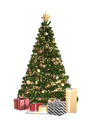 Golden and green Christmas tree, transparent background. 3d rendering