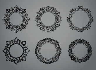 Set of decorative frames Elegant vector element for design in Eastern style, place for text. Floral black and gray borders. Lace illustration for invitations and greeting cards