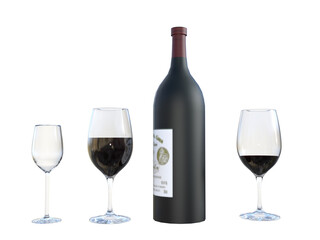 red wine bottle and glass on transparent background. 3d rendering