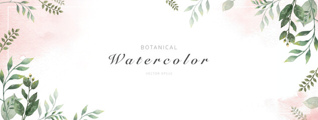 Lovely botanical green leaf watercolor painting border design frame on white pink banner background for wedding, invitation, greeting cards and more