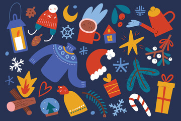 Christmas doodle illustrations, knit sweater, snowflakes, Nordic sweater and mistletoe, isolated vector illustrations, hand drawn icons