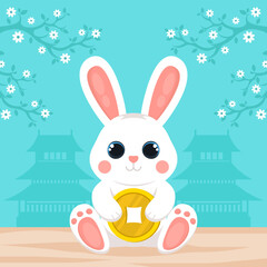 Cute rabbit with lucky coin and blooming cherry blossoms on a blue background