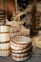 Production of wicker baskets at craftsperson workshop. South American culture and tradition