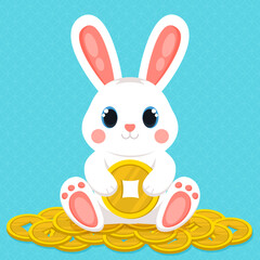 Rabbit with lucky coins on a blue background