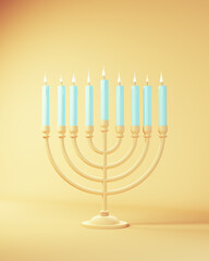 Hanukkah Menorah Festival Of Lights Nine Blue Candles White Flame Home Temple Israel Hebrew Religion Symbol Jerusalem Background 2022 3d illustration render
