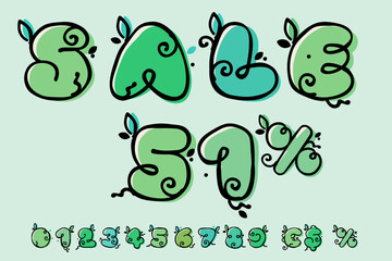 Eco-friendly sale banner template with percentage, dollar, euro signs, numbers set.