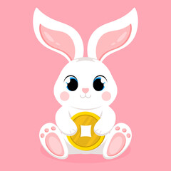 Cute bunny with a lucky coin on a pink background