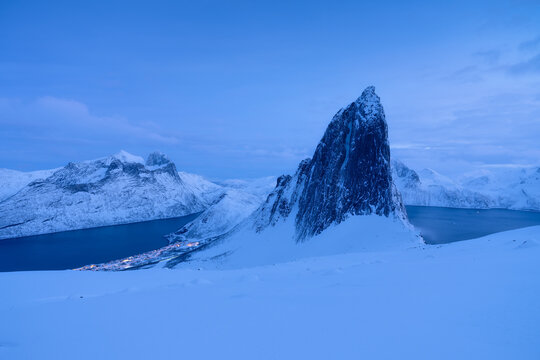Mountain Segla, Senja islands, Norway. High mountains at the winter time. Winter landscape. Norway travel image.