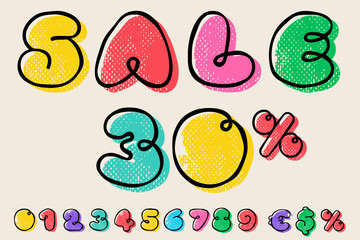 Sale banner template with numbers set hand-drawn with a marker with paint shift effect.