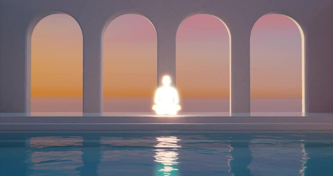 Evening meditation calm scene in nice architectural scene near the sea. Arcs background. Blue water sea. Sunset. 3d render concept of meditating person