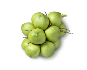 Young green coconut isolated on white background. Top view, flat lay.