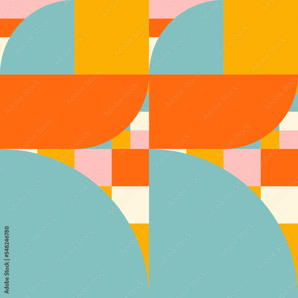 Poster Simple geometric seamless pattern. Modern abstract background with circle, semi circle, square, rectangle stripe shapes in pastel colors.