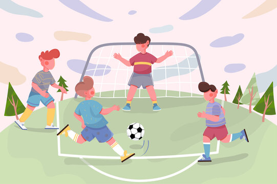 Children playing football on field abstract background. Goalkeeper protects gate, boys running and kicking ball, exercising to soccer match. Nature scenery. Illustration in flat cartoon design