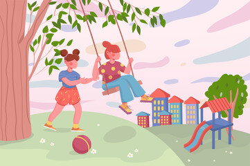 Kids playing at children playground in cityscape background. Little girls ride on swing outdoors. Nature scenery with trees, slide and buildings at park. Illustration in flat cartoon design