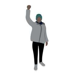 A black girl in a gray jacket and a winter hat stands with one hand raised up, flat vector, isolate on white, protest, faceless illustration