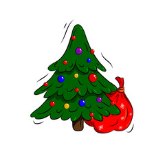 Cartoon Christmas tree with red bag on white background. Funny hand drawn illustration for your New Year design.