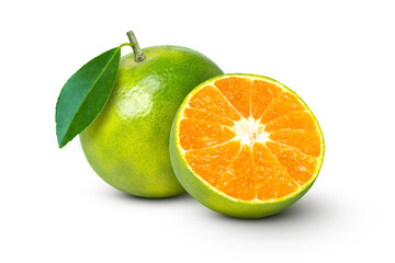 Fototapeta na wymiar Tangerine orange with green leaf and cut in half slice isolated on white background. 