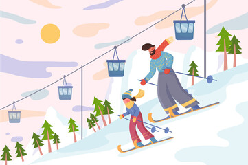 Family at ski resort at winter background. Father and daughter are skiing on snowy slope. Nature scenery with downhill, trees, mountains and cables ropeway. Illustration in flat cartoon design