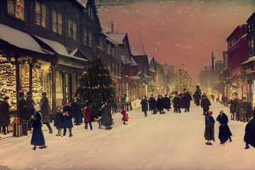 Christmas card illustration vintage style, oil pastel hand-painted style ai generated, village with people celebrating Christmas on a snowy day, happiness