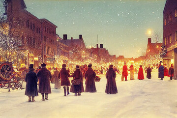 Christmas card illustration vintage style, oil pastel hand-painted style ai generated, village with people celebrating Christmas on a snowy day, happiness