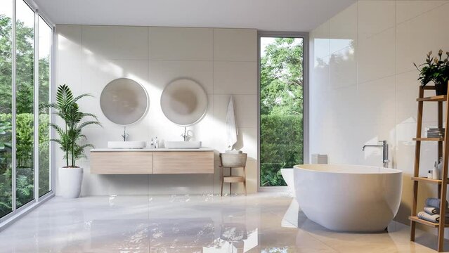 Animation of modern luxury white bathroom with tropical style nature view 3d render,There are marble floor decorated with wooden sink counter sunlight shine into the room