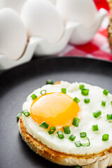 delicious fried egg sandwich on black rustic wooden background