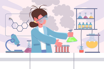 Laboratory research on lab equipment background. Young girl makes dangerous chemical experiment with explosion and smoke. Interior with tubes and flasks. Illustration in flat cartoon design