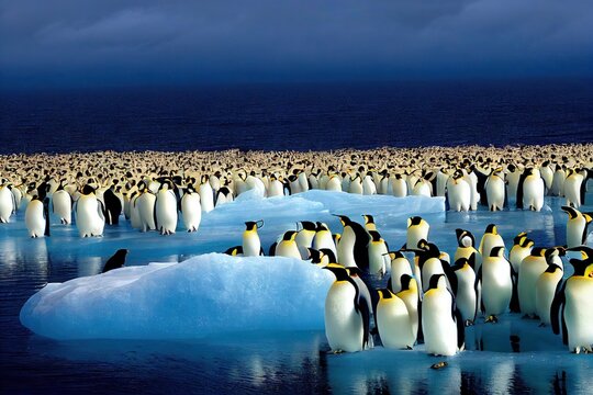 Large Flock Of Emperor Penguins Huddled In Heap Between Snow Drifts